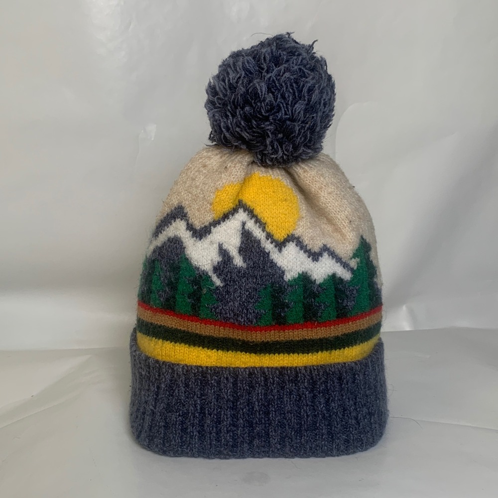 Target Beanie Unisex OS Mountain Landscape Blue Beige Pom Pom Knit Hat EUC